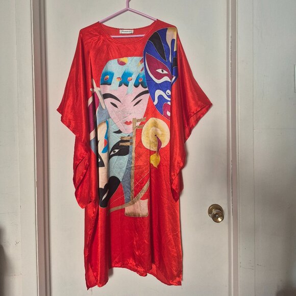 satin caftan dress with Chinese opera style patterns - Picture 1 of 3